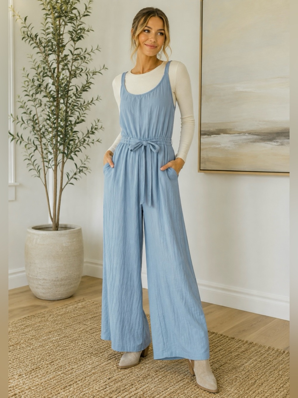 H&M Periwinkle Crinkle Jersey Wide Leg Tie Belt Jumpsuit S